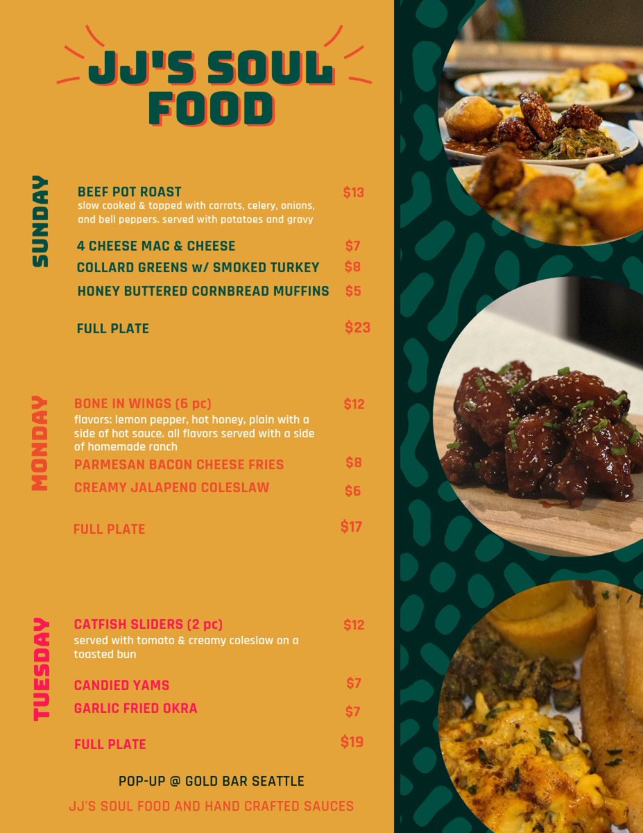 🚨POP-UP ALERT🚨

JJ's Soul Food is at Gold Bar!!!
SUNDAY 4-1AM
MONDAY 4-1AM
TUESDAY 4-1AM