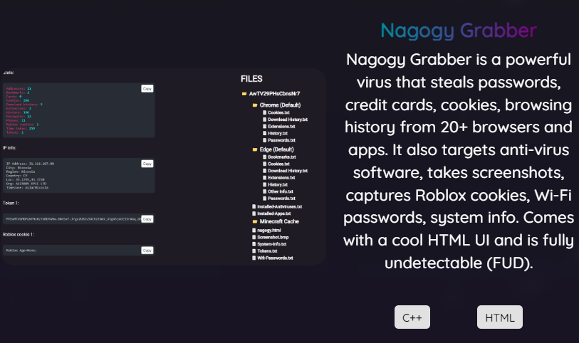 MalGamy12's tweet photo. [1] I discovered a new stealer malware called #Nagogy #Grabber.  which steals passwords, credit cards, cookies, browsing history from 20+ browsers and apps. It also targets anti-virus software, takes screenshots, captures Roblox cookies, Wi-Fi passwords, system info. https://t.co/HHI4hSG75p
