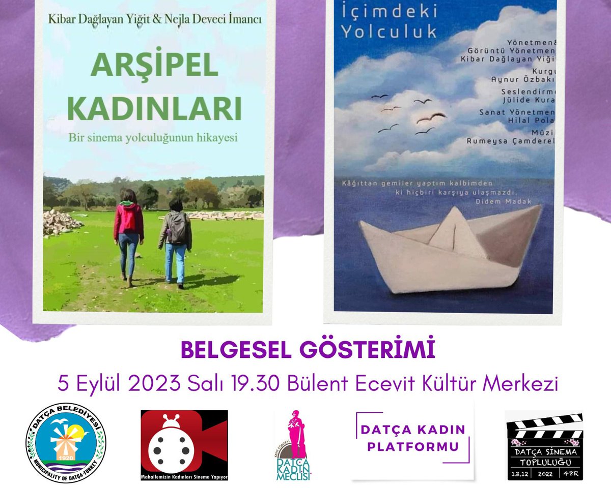 datcakadinplt's tweet image. 🎥Belgesel Gösterimi 
📍5 Eylül 2023 Salı, 19.30 Bülent Ecevit Kültür Merkezi 
👉Arşipel* Kadınları- Bir Sinema Yolculuğunun Hikâyesi
👉İçimdeki Yolculuk- Şairimiz Didem Madak&apos;ın yaşam öyküsü 
…llemizinkadinlarisinemayapiyor.com.tr
