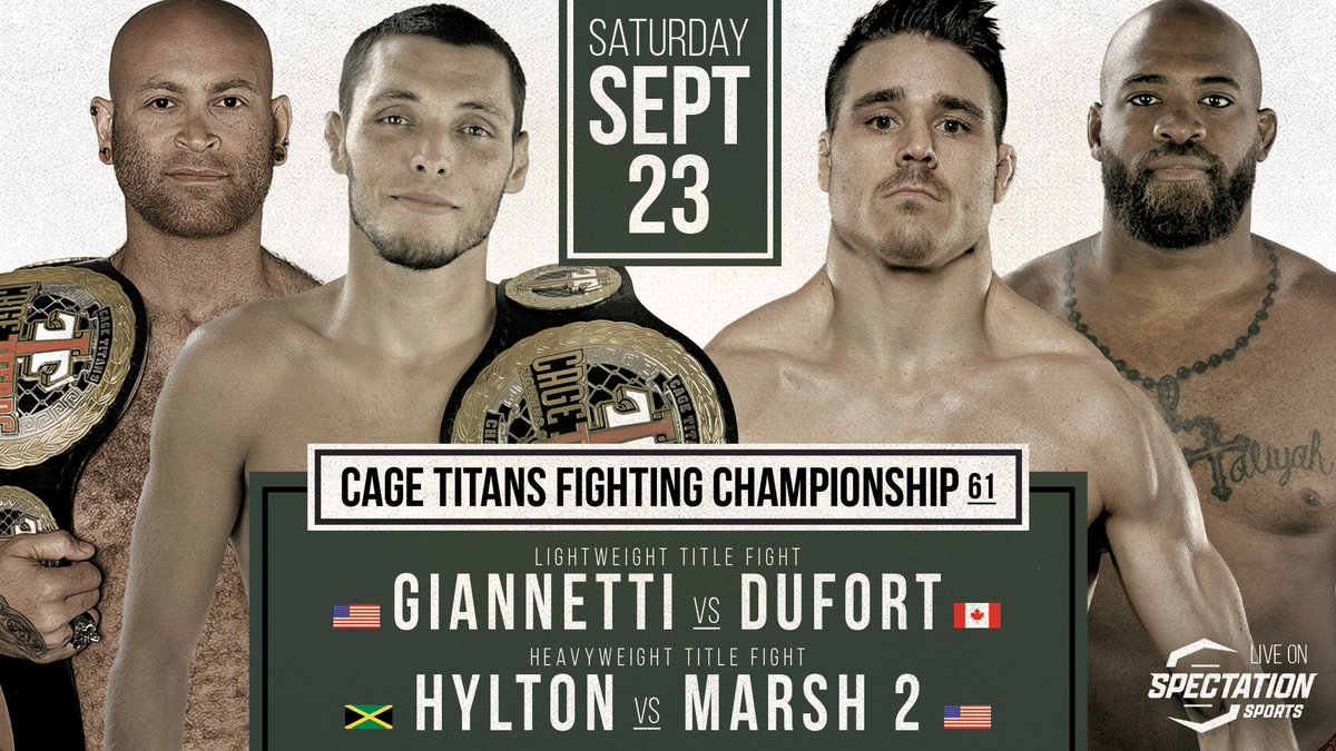 CityBoy413's tweet photo. 🚨  BREAKING--  🚨 Here is the full Cage Titans 61 fight card.  This will be taking place at Plymouth Memorial Hall on September 23rd....

155 PRO TITLE Joe Giannetti (14-4 AKA)  vs.  Michael Dufort (11-4 H20 MMA)
HVY PRO TITLE Ras Hylton (10-7 ATT Tampa)  vs.  Jahsua Marsh (5-5 Carlson Gracie)
155 PRO MMA Zach DiSabatino  (11-3 SSSF) vs.  Nate Williams (14-12 ATT Lima)
170 PRO MMA Sage Philippe (4-5 Underground) vs. Bobby Flynn (5-4 ProElite)
170 PRO MMA  Sam Watford (4-5 FAA CT) vs. Cam Resnisky (2-0 Cage JSA)
160 PRO MMA Oscar Vera (0-5 Independent) vs. Miguel Sevasin (0-0 Lakeville MMA)
HVY PRO MMA Hassan Graham (1-1 Chapmans) vs.  Max Lombardo (1-1 Cage JSA)

155 AM Title Fight Anthony Offiaeli (2-0, Underdog BJJ) vs Saheeb Jackson (3-0, TriForce)
170 AM MMA Tim Melvin (2-0, Broadway JJ) vs Jayden Curley (1-0, BTT Taunton)
140 AM MMA Phil LoCigno (2-3, Sityodtong) vs Xavier Cardona (2-3, Lakeville MMA)
145 AM MMA Danny Jefferson (2-0, Broadway JJ) vs Travis Soulard (1-0, TriForce)
155  AM MMA Blaize Nichols (1-0, North Andover JJ) vs Carter Whitty (0-0, Regiment)
135  AM MMA Ryan Wackrow (0-1, Gorilla Crew) vs Kyle Schofield (0-0, Camp Kong)
135 AM MMA Ash Rao (1-0-1, Broadway JJ) vs Brandon DeMoura (2-3, Regiment)
155 AM MMA Breyin Nichols (0-0, North Andover JJ) vs Ryan Kennedy (0-0, Lauzon MMA)
155 AM Muay Thai Paul Huber (1-1, Citadel) vs Mike Salazar (0-0, Regiment)
155 AM Muay Thai Connor Luby (1-0, Team Burgess) vs Josh Robertson (1-0, TriForce)