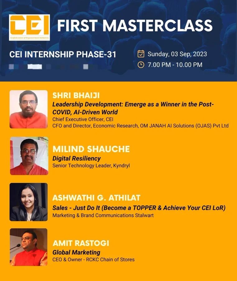 BhaijiShri's tweet photo. #SundayMasterclass: The First Sunday Masterclass for CEI Phase-31 Interns Addressing us today are Adarniya Amit Rastogi ji, Adarniya Milind Shauche ji, Adarniya Ashwathi Athilat ji and Adarniya Shri Bhai ji... all stalwarts of various verticals. https://t.co/jrxogvP4vp