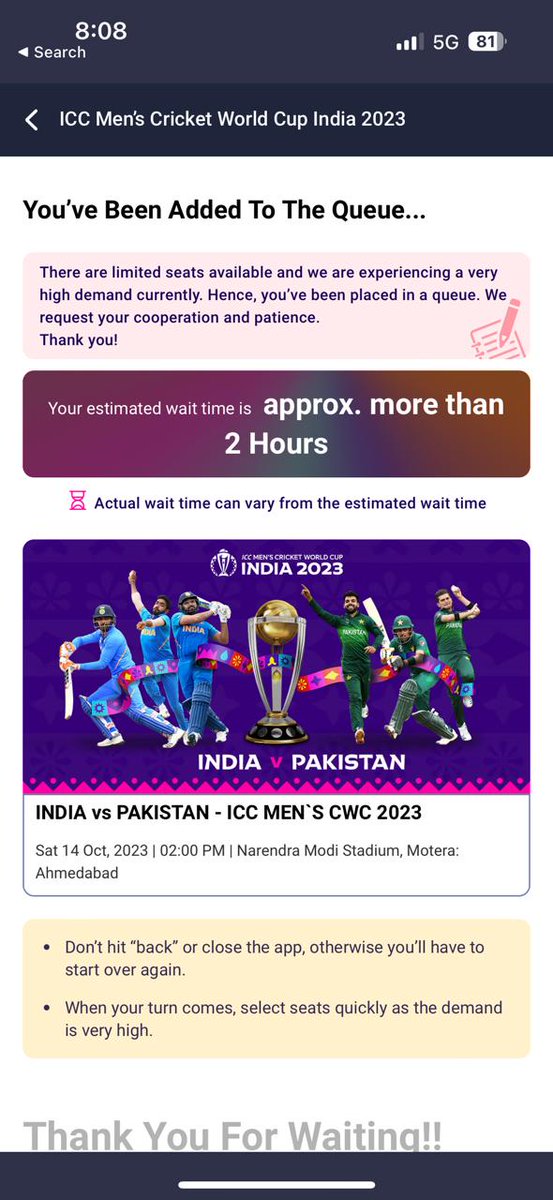 tribhuvan_andy's tweet photo. @ICC @BCCI after waiting for almost 2 hours unable to book tickets on @bookmyshow for IND vs Pak WC23 Match, this is pure fraud to increase the user base using @ICC  tournament. #Fraudbookmyshow https://t.co/cV4B7AZBQI