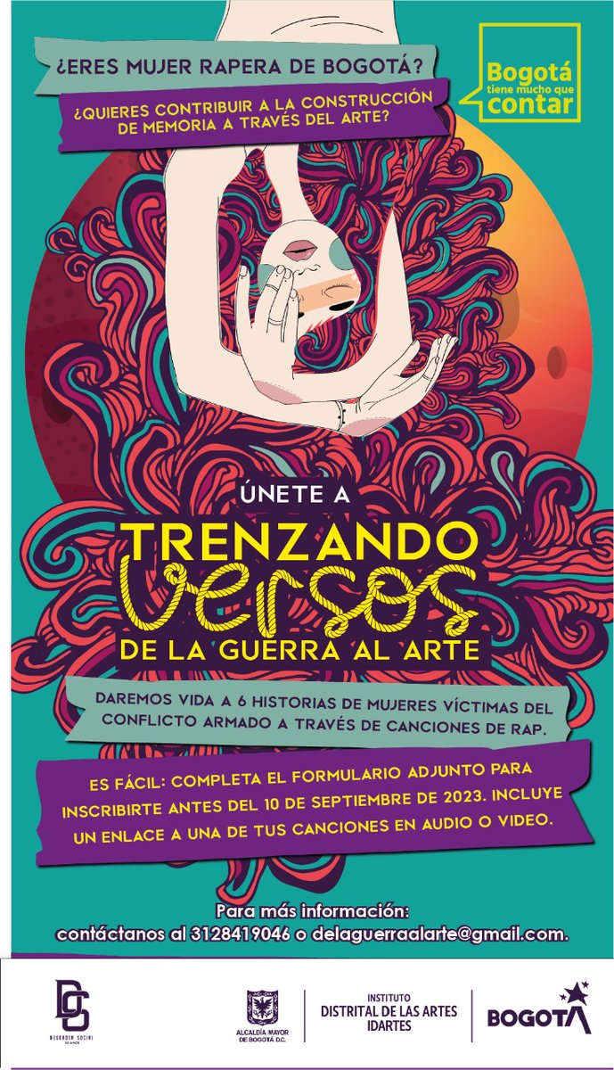 DESORDENRAP's tweet photo. Eres mujer y artista de rap? ¿Te atrae la idea de construir memoria a través del arte? 
https://t.co/37BOGt62Vp

¡Participa en este proyecto de arte y memoria! 🎤🎶
@idartes #ArteYMemoriaSinFronteras #IdartesEsBogotá #BogotáTieneMuchoQueContar
#TrenzandoVersos #DeLaGuerraAlArte https://t.co/QJP1ShRn08