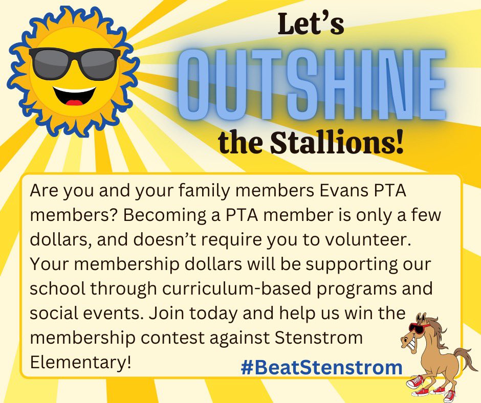 Evans_Elem's tweet photo. What’s your next $7 doing? Please consider using it to support the Evans Elementary PTA! #beatstenstrom https://t.co/EbewDPEhEs