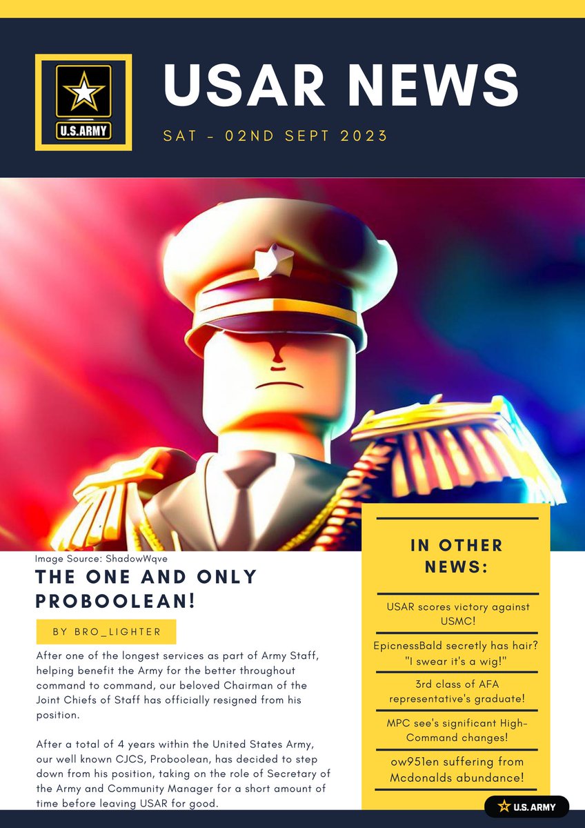 USAR_Roleplay's tweet photo. 📰| 𝐓𝐡𝐞 𝐎𝐧𝐞 𝐚𝐧𝐝 𝐎𝐧𝐥𝐲, 𝐏𝐫𝐨𝐛𝐨𝐨𝐥𝐞𝐚𝐧!

"Proboolean, has decided to step down from his position!" - and more!           

Issue - 02/9/23         

 Join Zanance's USAR today: https://t.co/2LI4HG3n00…………      

https://t.co/kSsJRple1a https://t.co/xTKLNSDN7C