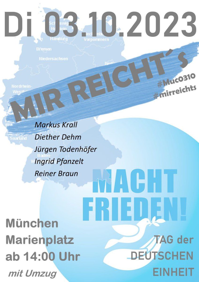 #münchen #hamburg

am 3.10. sollte doch die 'grosse #friedensdemo' in hamburg stattfinden, wo auch die offizielle #einheitsfeier ist. 

was ist das wieder für eine #spaltung, #NoReinerBraun!!!! 😀😀😀

#hh0310 #muc0310 #mirreichtsauch #deutscheeinheit #friedensschwurbel