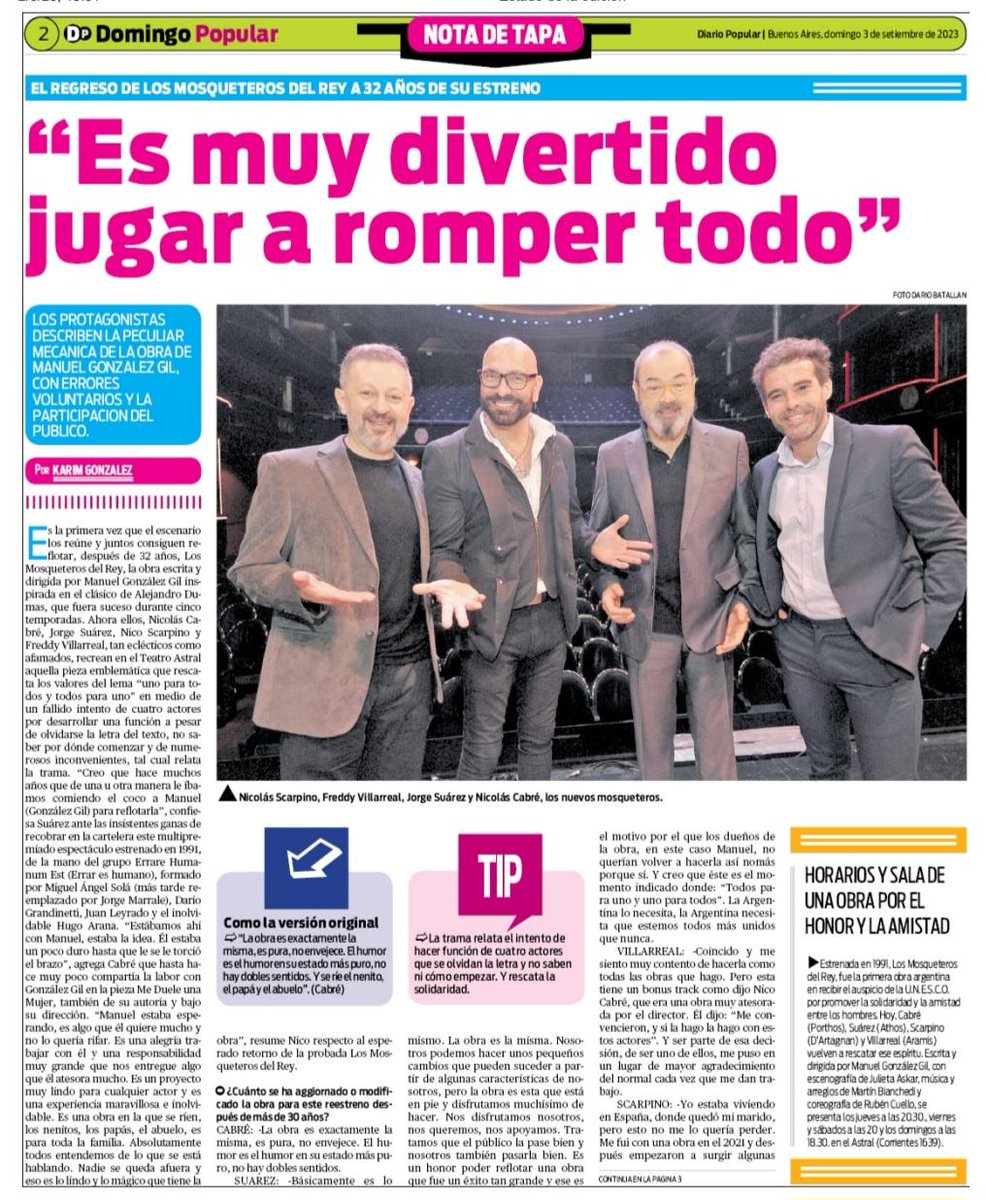 KarimGonzalz's tweet photo. HOY- Mi Nota de Tapa #SupleDominical #DiarioPopular @populardiario
@nicocabree @jorgesuaritos @Nico_Scarpino
@fredy_pv
#NicolásCabré #JorgeSuárez #NicolásScarpino #FredyVillarreal
#TODOSPARALARISA
*"Es muy divertido jugar a romper todo"
@Teatroastralok #LosMosqueterosDelRey https://t.co/efAyyQI2d3