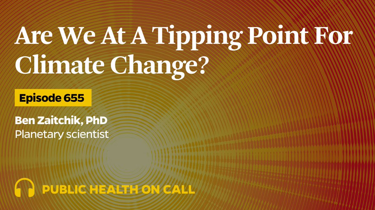 Johns Hopkins Bloomberg School of Public Health (@johnshopkinssph) on Twitter photo Each week brings new, seemingly unprecedented climatic events.
On <a href="/PublicHealthPod/">Public Health On Call</a>, planetary scientist <a href="/BenZaitchik/">Ben Zaitchik</a> talks with @SDesmon about how we can collectively approach mitigation and planning—and whether we've reached a tipping point.
johnshopkinssph.libsyn.com/655-are-we-at-… Each week brings new, seemingly unprecedented climatic events.
On <a href="/PublicHealthPod/">Public Health On Call</a>, planetary scientist <a href="/BenZaitchik/">Ben Zaitchik</a> talks with @SDesmon about how we can collectively approach mitigation and planning—and whether we've reached a tipping point.
johnshopkinssph.libsyn.com/655-are-we-at-…