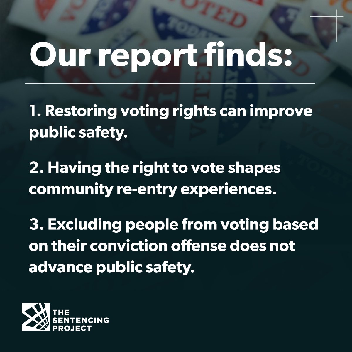 Science supports the right to vote as part of a package of prosocial behaviors and links voting to increased public safety. 

Denying the right to vote to an entire group of citizens is undemocratic and delays racial equity.

Read our report: bit.ly/40EyBWT