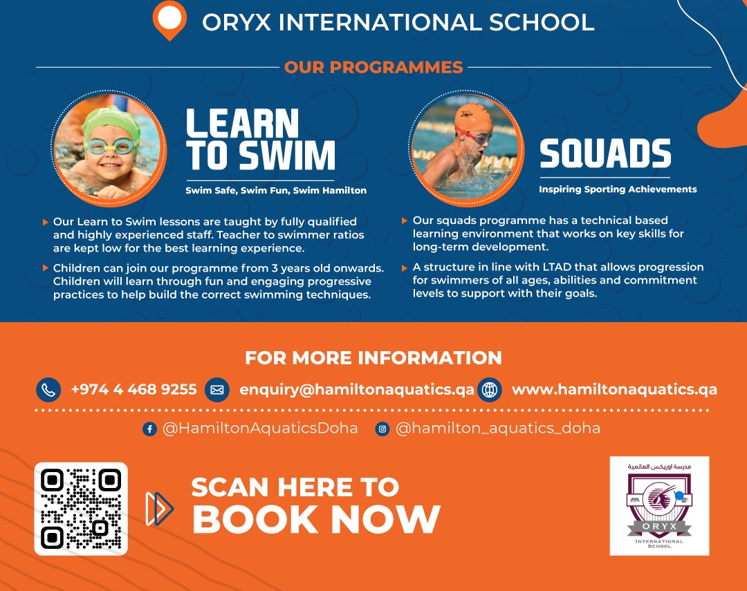 OryxSchool's tweet photo. Join Hamilton Aquatics and learn how to swim or for squad training.  Info attached, please contact them directly on enquiry@hamiltonaquatics.qa.
#oryxschool #oryxstory #HamiltonAquatics https://t.co/Cqnr6Ii7IA
