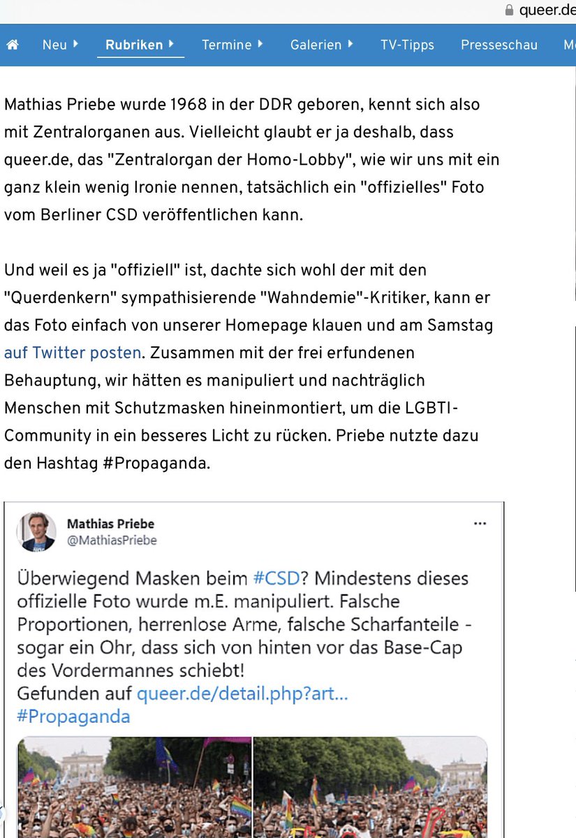 Mathias Priebe & Friends 👇
Und weil es ja 'offiziell' ist, dachte sich wohl der mit den '#Querdenkern' sympathisierende '#Wahndemie'- Kritiker, kann er das Foto einfach von unserer Homepage klauen und am Samstag auf Twitter posten. 
doc #Antidemokrat 
queer.de/detail.php?art…