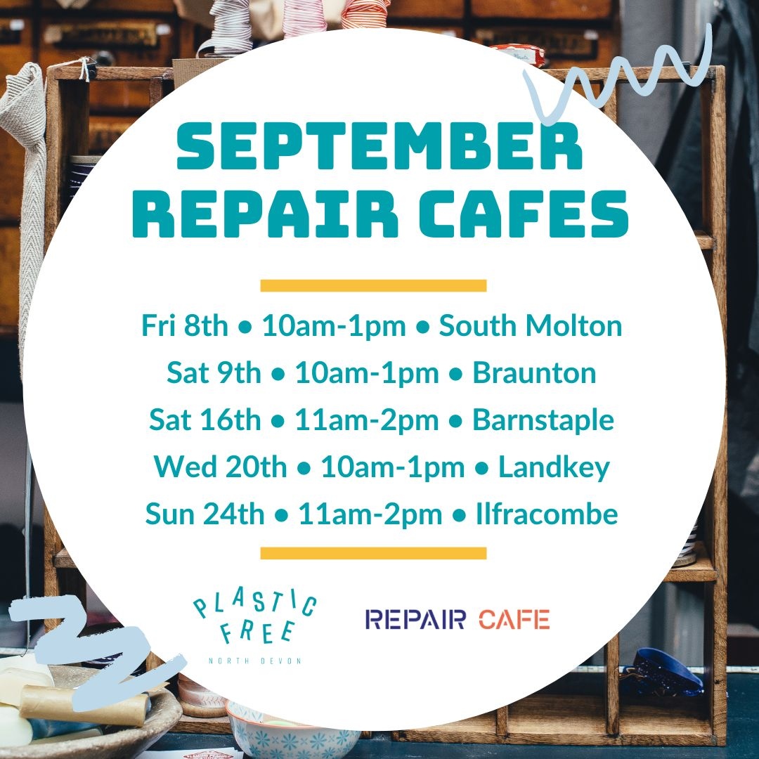 Textile repairs plus every event offers something slightly different, depending on the availability of our superhero volunteers. If you have a particular item in mind, please email us on info@plasticfreenorthdevon.org at least 48 hours before the event. plasticfreenorthdevon.org/whats-on