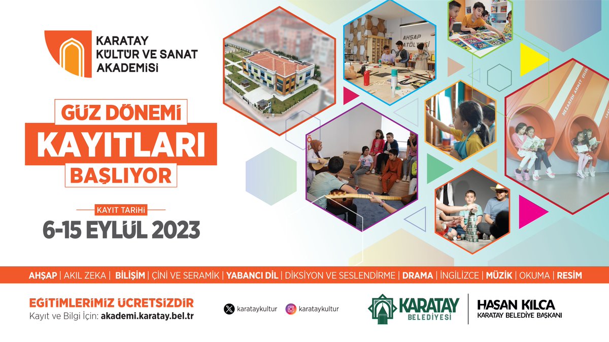 hkilca's tweet photo. Karatay Kültür ve Sanat Akademimizin güz dönemi kayıtları için başvuruları 6-15 Eylül tarihlerinde alacağız. 

Çocuklarımıza ve gençlerimize şimdiden duyurmuş olayım :) Detaylı bilgiye aşağıdaki bağlantıdan ulaşabilirsiniz. 

🌐 https://t.co/nclNhoH41n https://t.co/3GXkBi7xkd