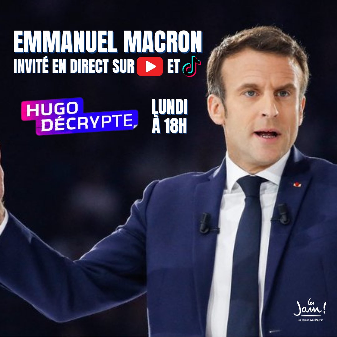 🔴Demain, à 18h, retrouvez le Président de la République <a href="/EmmanuelMacron/">Emmanuel Macron</a> sur les chaines Tiktok et YouTube d'<a href="/HugoTravers/">Hugo Travers</a> pour une interview consacrée à l'avenir des jeunes.