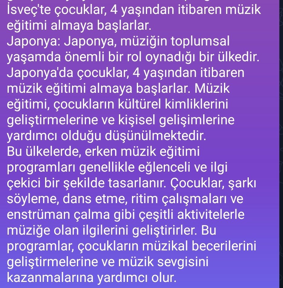 Google un yapay zekası bard a sorduk, 

Güncel temel müzik eğitiminin en güzel örnekleri dünyanın hangi ülkesindedir? 

İçlerinde Türkiye yok❗

İşte çevaplar
👇🏻👇🏻👇🏻👇🏻👇🏻
