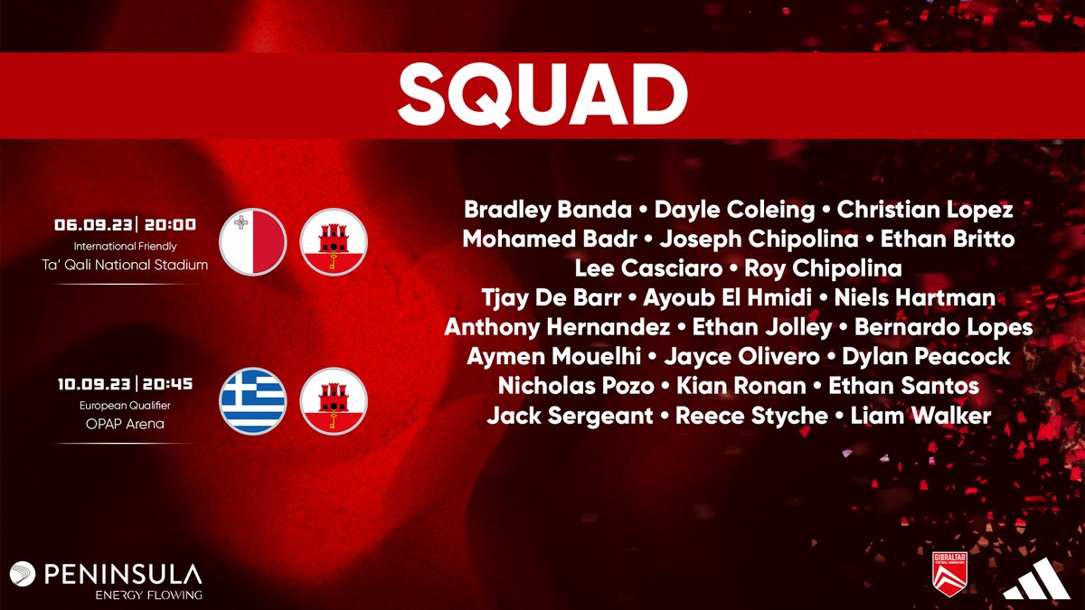 GibraltarFA's tweet photo. Here is your 🇬🇮 Senior Men's squad that takes on Malta in an international friendly, and Greece in Group B of UEFA's Euro Qualifiers this week‼️ https://t.co/Fe5NgDRkwq