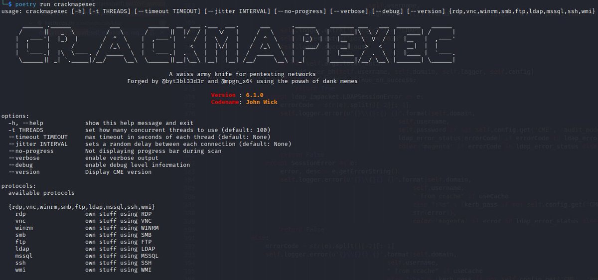 mpgn_x64's tweet image. New release of crackmapexec is out ! 6.1.0🥳

This version now support of a new protocol : WMI by @Memory_before !  If the SMB port is filtered, you can still pwn3d everything !! 🔥 

Quick list of improvements 🔽
- CME now works against Windows 2003 and Windows 7 (it was broken)…