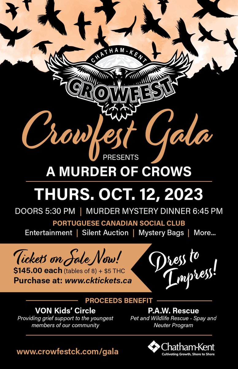 The second annual Crowfest Gala is back, with a new menu, a new venue, a new theme and many new reasons to attend this 2023 extravaganza! 
Tickets available through our website:
crowfestck.com/events/gala/
#chathamkent #crowfestck #chathamnkentsmallbusiness #crowfestchathamkent