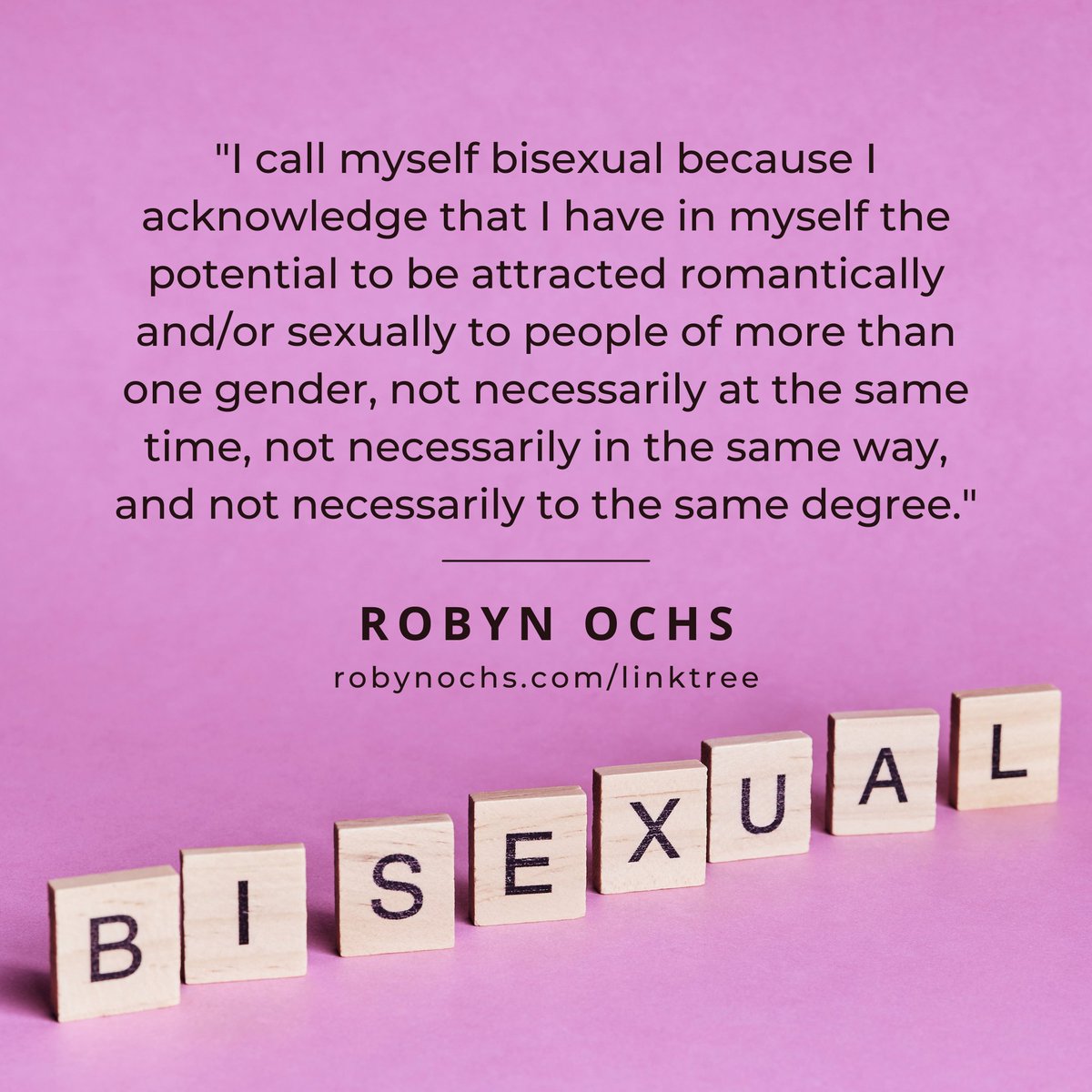 "I call myself bi because I acknowledge that I have in myself the potential to be attracted romantically and/or sexually to people of more than one gender not necessarily at the same time, not necessarily in the same way, and not necessarily to the same degree" #BiVisibilityMonth