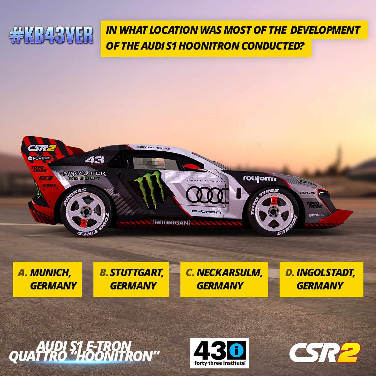 Take part in the #KB43VER Trivia and comment your answers below! 🎉 5 random winners will win prizes: 5 Gold Keys, 5 Epic Fusions of Audi, and 1M Cash! 💰💎 Don't miss your chance!

Play #CSR2 here: zynga.social/csr2tw 

#43i #KenBlock #CSRRacing