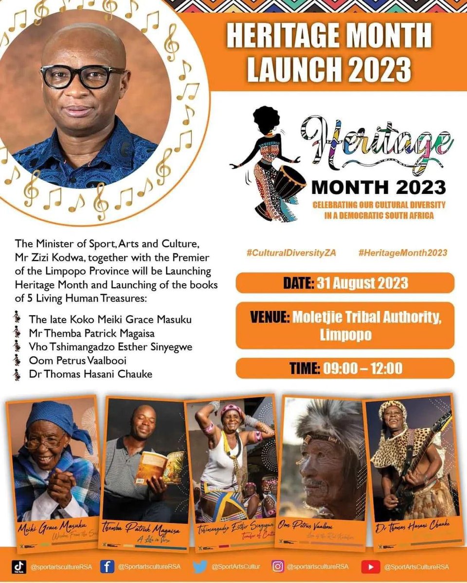 On the 31st I was honoured by The Department of Sports,Art and Culture with the launch of my book “The Tsonga Heartbeat” as one of the 5 Human living treasures. Thank you  <a href="/zizikodwa/">Zizi Kodwa</a> 
<a href="/SportArtsCultur/">Department of Sport, Arts and Culture</a> 
#TheTsongaHeartbeat
#HumanLivingTreasures
#booklaunch
#LaunchingHeritageMonth