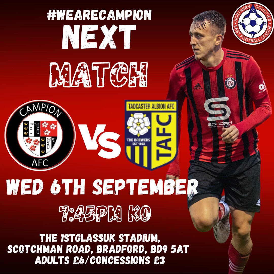 Campion return to action with a tasty <a href="/NCEL/">Macron NCEL</a> midweek fixture against <a href="/TadcasterAlbion/">Tadcaster Albion</a> aiming for a major response to recent back to back defeats! 👊

📍 1stGlassUK Stadium, BD9 5AT
⏰ 7:45PM
🎫 £6 Adults/£3 Children &amp; Concessions

#𝙒𝙚𝘼𝙧𝙚𝘾𝙖𝙢𝙥𝙞𝙤𝙣🔴⚫️