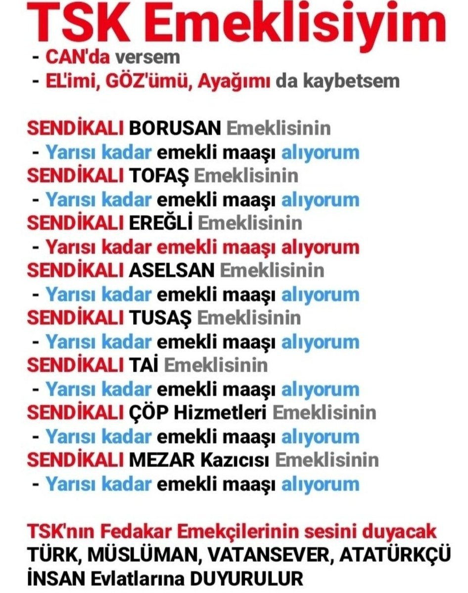 #AstsubaylaraAdalet
TSK Personel K. Md. 3, 4, 85c, 89, 117, 118, 124 vb. gereği kadrolarında teknik, sınıf ve branşUzmanlıklarına göre görev yaparEmeklilikteTAZMİNAT haklarıdır. <a href="/RTErdogan/">Recep Tayyip Erdoğan</a> @FOXhaber <a href="/Sozcu/">Sözcü 🇹🇷📝📰 sondakika haber</a> <a href="/ShowTV/">Show TV</a> <a href="/ntv/">NTV</a> <a href="/TBMMresmi/">TBMM</a>  <a href="/Akparti/">AK Parti</a> <a href="/atvcomtr/">atv</a> <a href="/ShowTV/">Show TV</a> <a href="/HerkesicinCHP/">CHP 🇹🇷</a> <a href="/startv/">STAR TV</a>