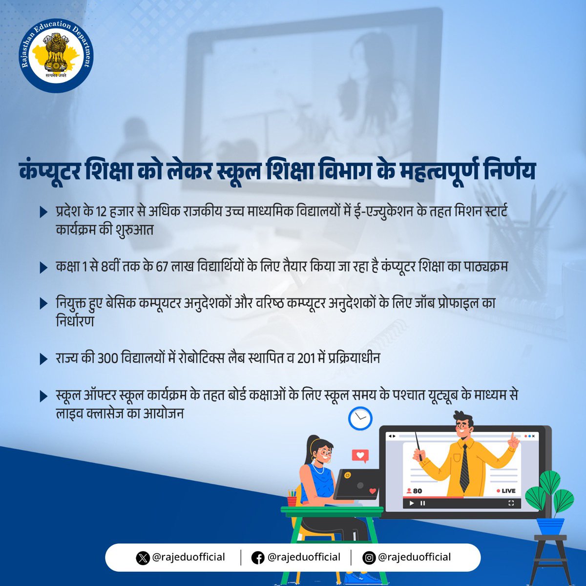 rajeduofficial's tweet photo. कंप्यूटर शिक्षा को लेकर स्कूल शिक्षा विभाग ने कुछ महत्वपूर्ण निर्णय लिए हैं। प्रदेश के 12 हजार से अधिक राजकीय उच्च माध्यमिक विद्यालयों में ई-एज्युकेशन के तहत मिशन स्टार्ट कार्यक्रम की शुरुआत की जा रही है। कक्षा 1 से 8वीं तक के 67 लाख विद्यार्थियों के लिए कंप्यूटर शिक्षा का पाठ्यक्रम तैयार किया जा रहा है। नियुक्त हुए बेसिक कम्पूयटर अनुदेशकों और वरिष्ठ कम्प्यूटर अनुदेशकों के लिए जॉब प्रोफाइल का निर्धारण किया जाएगा। राज्य की 300 विद्यालयों में रोबोटिक्स लैब स्थापित व 201 में प्रक्रियाधीन है। स्कूल ऑफ्टर स्कूल कार्यक्रम के तहत बोर्ड कक्षाओं के लिए स्कूल समय के पश्चात यूट्यूब के माध्यम से लाइव क्लासेज का आयोजन किया जाएगा।

#computereducation #schooleducation #edutech #digitallearning #elearning #roboticslab #onlineclasses #educationinitiative