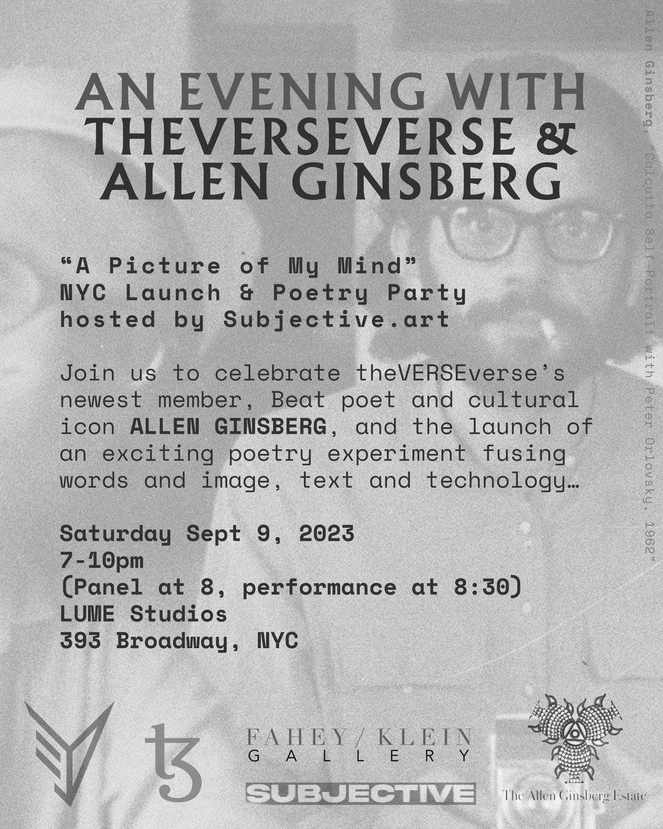 friends in New York City! join us + @Ginsbergpoem + @FaheyKlein to celebrate the launch of “A Picture of My Mind”, our collaboration with Allen Ginsberg + Ross Goodwin Sept 9 • 7-10pm • 393 Broadway • hosted by @subjective__art @lumestudios_ RSVP below & see you Saturday 🖤