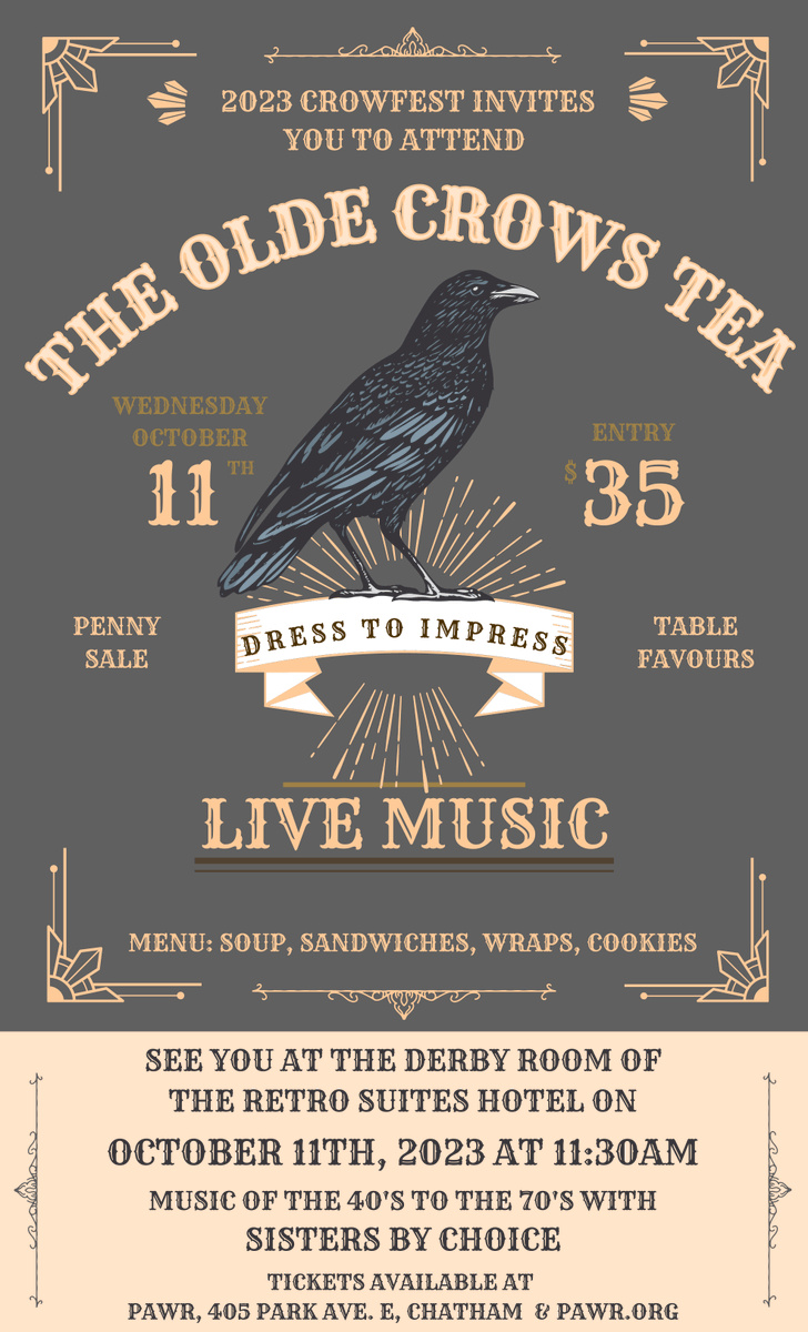 We’ll get dressed up and have some tea, oh what fun this party will be! Join us for high tea at the The Retro Suites Hotel's Derby Room on October 11th @ 11:10am. There will be live music from the 40s-70s, table favours and a penny sale. crowfestck.com/events/the-old…