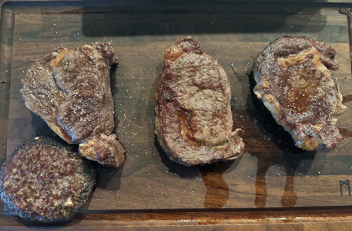 Good to be home! Long time traveling back from Europe- Haven’t eaten in around 40 hours so these 3 ribeyes and burger patties are gonna taste extra good today!! #goodtobehome