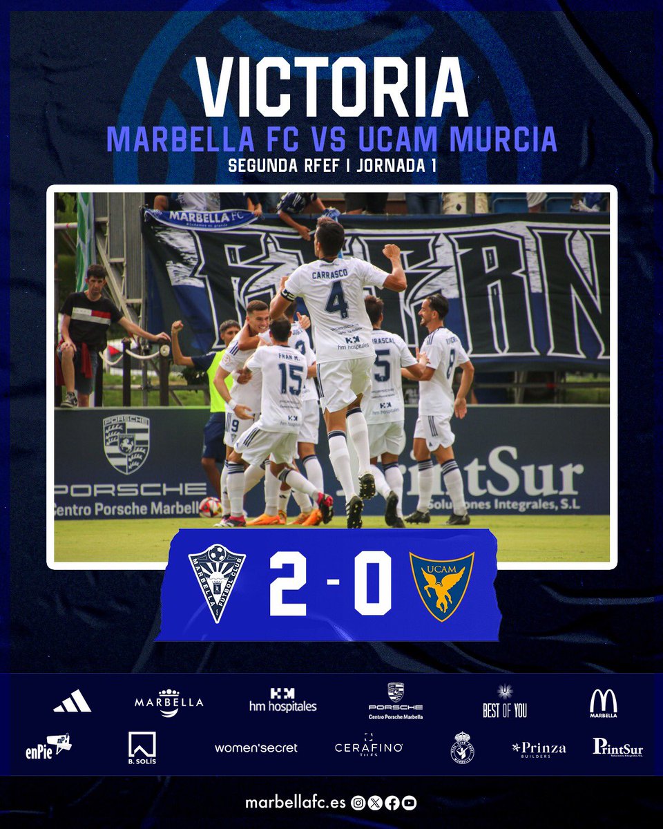 marbella_fc's tweet photo. 💥 ¡¡¡ 𝙑𝙞𝙘𝙩𝙤𝙧𝙞𝙖 𝙚𝙨𝙥𝙚𝙘𝙩𝙖𝙘𝙪𝙡𝙖𝙧 𝘱𝘢𝘳𝘢 𝘦𝘮𝘱𝘦𝘻𝘢𝘳 𝘭𝘢 𝘵𝘦𝘮𝘱𝘰𝘳𝘢𝘥𝘢 !!!

2️⃣ Marbella FC
0️⃣ UCAM Murcia

⚽️ Harper (8')
⚽️ Soto (24')

#️⃣ #VamosMarbella https://t.co/fvf8qNzWhz