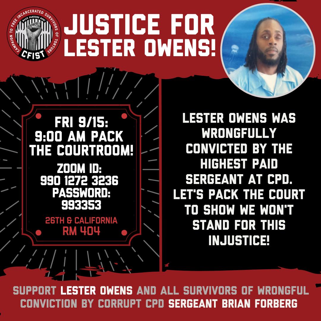 CAARPRNow's tweet photo. Pack the courtroom! Join us on Friday, Sept 15th as we stand with Lester Owens, who is one of over a dozen survivors of torture at the hands of Chicago's highest-paid police sergeant, Brian Forberg. Show your support for Lester and tell the City #FreeThemAll! #CFIST #ECPS https://t.co/5hvnisYZhT