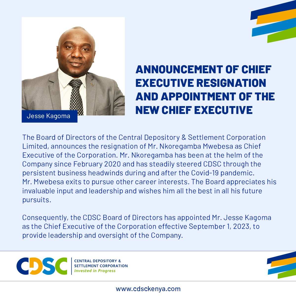 TheAbojani's tweet photo. 🔟And Finally Mr. Jesse Kagoma took over as the Chief Executive of the @cdsckenya effective Sept 1, 2023.
@cdsckenya and partners bring you the #Dosikaa app for investing at the @NSE_PLC and getting real-time market data and insights. Check it out here https://t.co/ZpJrqtFer8 @NSE_PLC @CMAKenya @TabithaTmuthoni