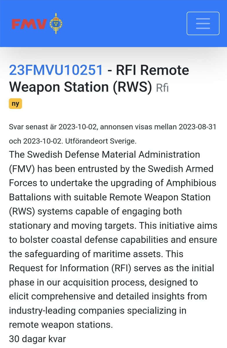 Det snålas inte på pryttlarna till amfibiekåren. Enligt annonserna ska systemen monteras på nya stridsbåtar med en längd mellan 16 och 20 meter. 
Sjömålsrobotsystemet ska t.ex ha en räckvidd på 70km. 
<a href="/CorporalFrisk/">Corporal Frisk</a>
kommersannons.se/fmv/Notice/Not…