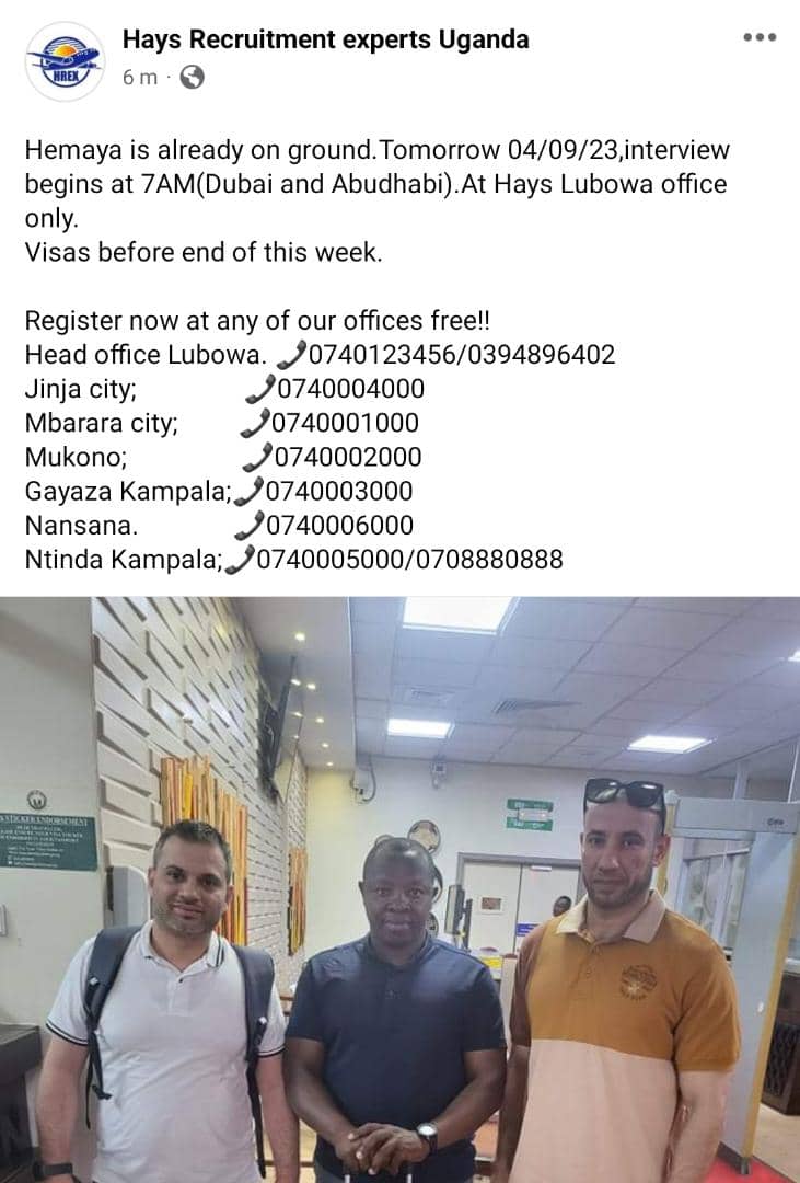 HREXPERTSUganda's tweet photo. Delegation already on ground..
Miss not tommr (Male Security DUBAI &amp; ABUDHABI),at only Hays offices Lubowa.gohaysgobetter.📞0740123456 for more info. https://t.co/Hmh6Pxg1Vp
