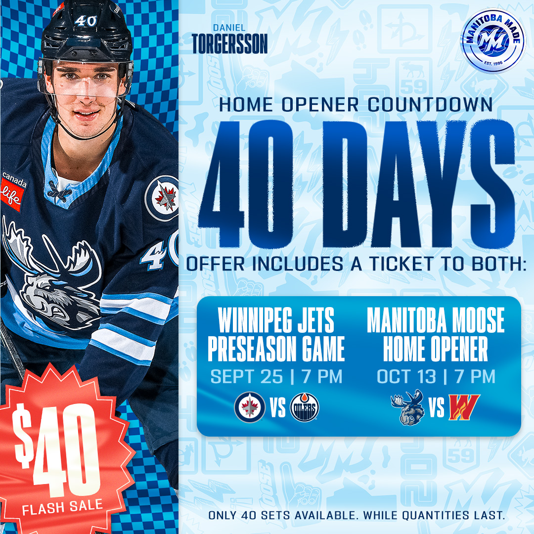 Countdown to Moose hockey: 4️⃣0️⃣ 𝗠𝗢𝗥𝗘 𝗗𝗔𝗬𝗦! 💥 Be the first one in the door for the Moose AND @NHLJets this season with our combo Flash Sale, two games for just $40 😱 BUY NOW ➡️ mbmoo.se/3L1468s Don't wait, this limited offer is only available for 40 hours⏳