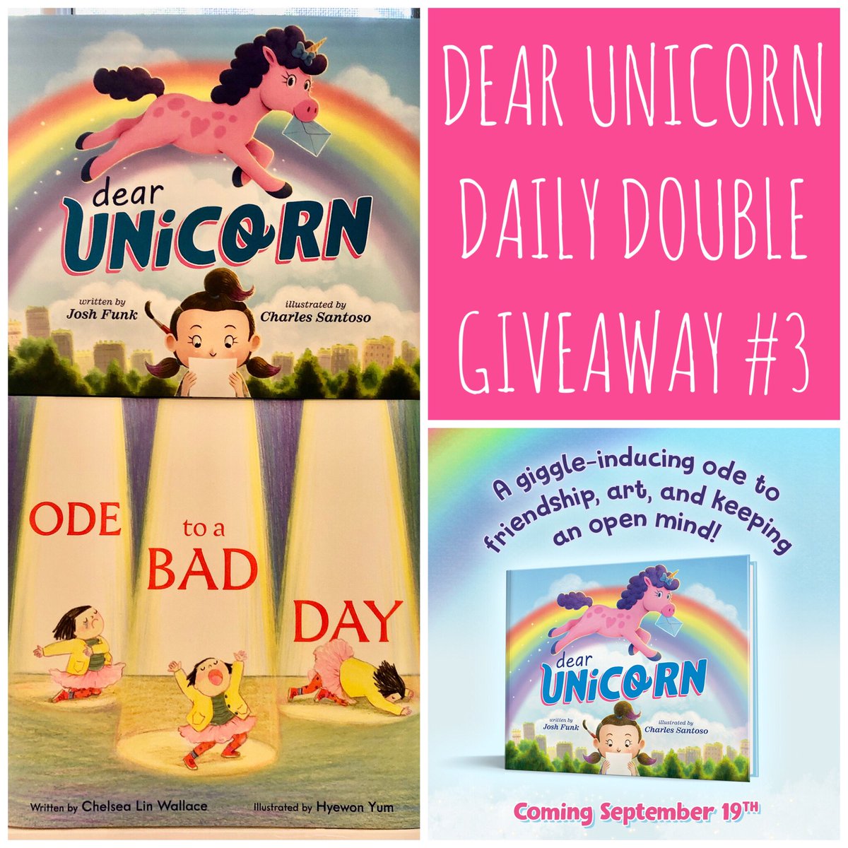 DEAR UNICORN Daily Double #Giveaway #3 To enter: ✅ FOLLOW ❤️ LIKE 🔃 REPOST/QUOTEPOST BONUS: 👉 COMMENT & TAG A FRIEND DOUBLE BONUS: 🤞ENTER AGAIN on all social media platforms TRIPLE BONUS: See previous giveaways and CHECK BACK DAILY for a new giveaway each day until 9/19…