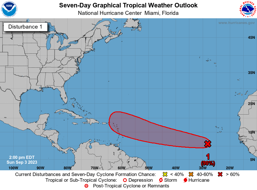 NHC_Atlantic's tweet photo. Sunday 2p EDT outlook:  Chances are increasing that there will be a tropical depression in the central tropical Atlantic around midweek from #AL95, with further strengthening likely late this week.  The latest updates are at: https://t.co/tW4KeGe9uJ https://t.co/BINPyYGNvQ
