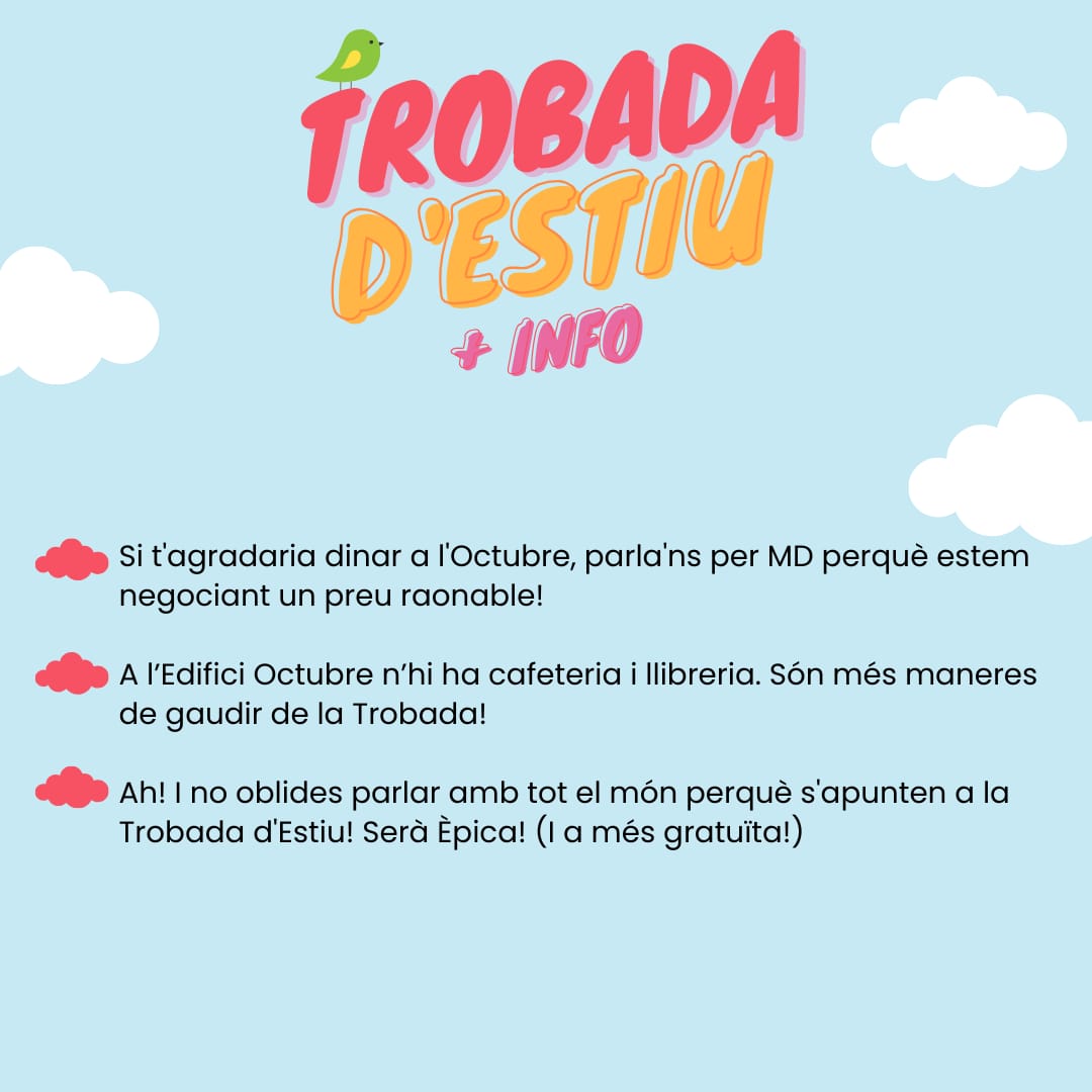 Hola, hola! Ja tenim els horaris! Organitzeu-vos bé per no perdre-vos cap taller. 🌞

Us esperem el 16 de setembre al CCC Octubre. ❤️
Incripcions obertes ací: docs.google.com/forms/d/e/1FAI…