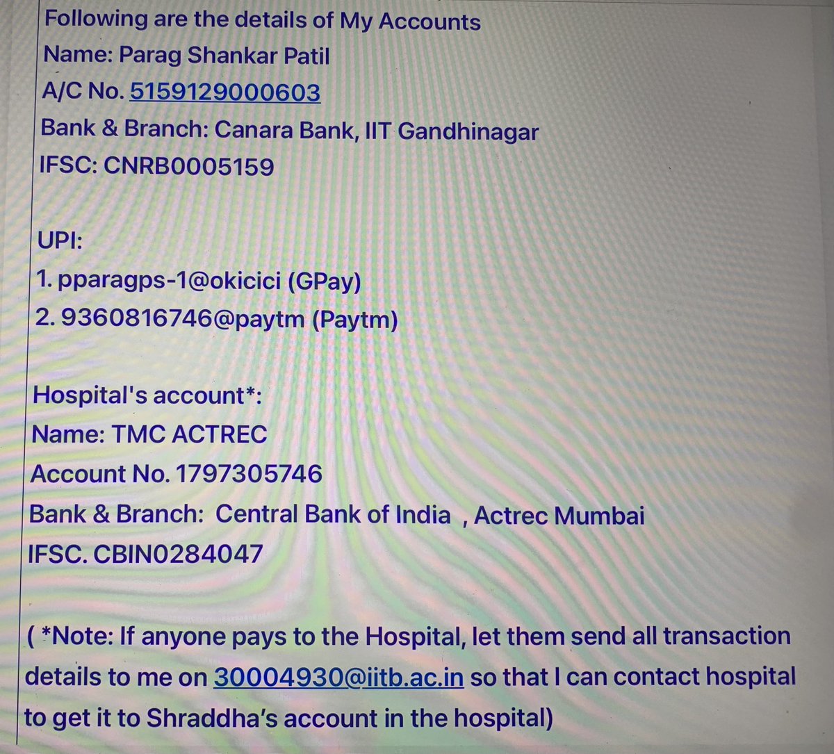 It’s now beyond Parag’s limit. Can we all come together to save an young life and one unfinished love story? 
Please help whatever you can. If you want to pay directly, please see the attached image. No amount is small. And please RT (n/n)