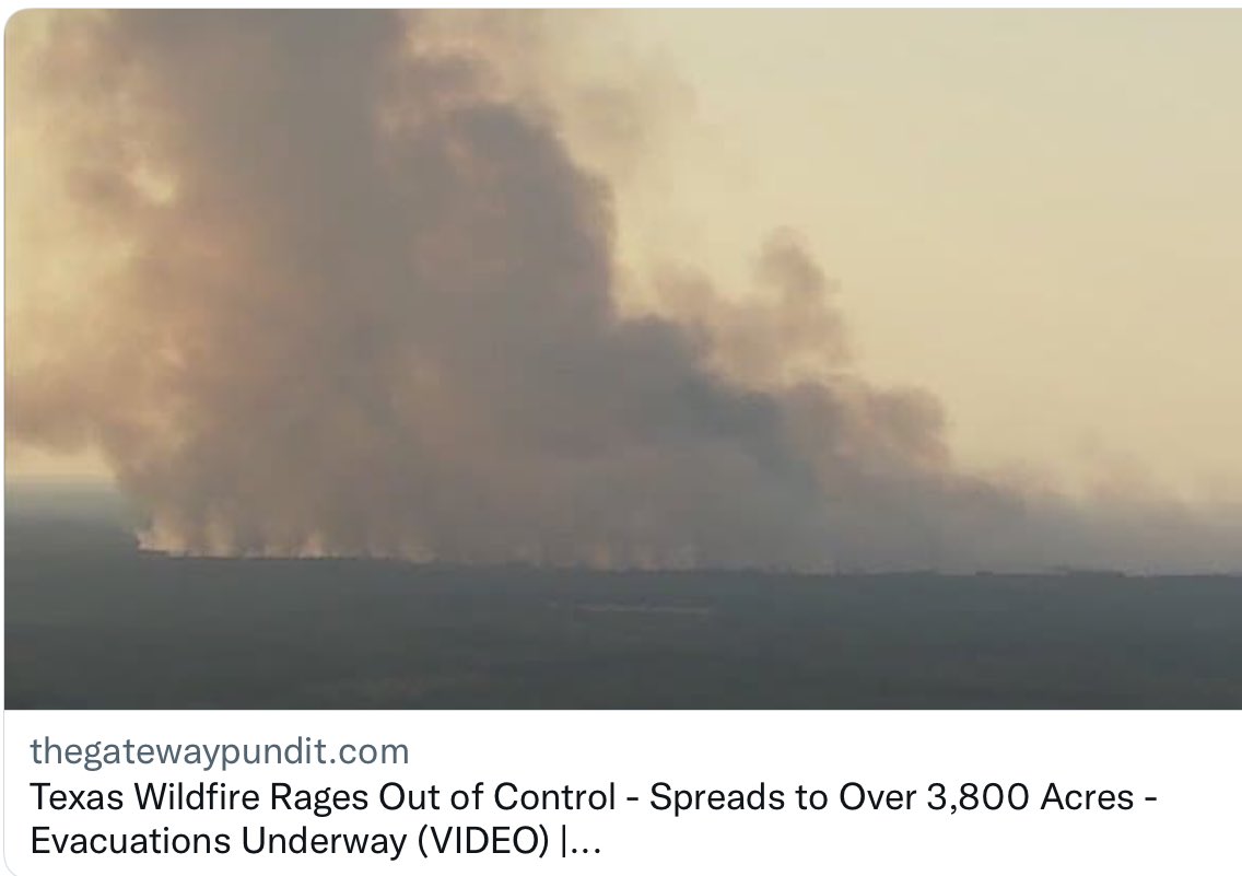 dmills3710's tweet image. #AnotherFire 

Texas Wildfire Rages Out of Control – Spreads to Over 3,800 Acres – Evacuations Underway (VIDEO)

thegatewaypundit.com/2023/09/texas-…