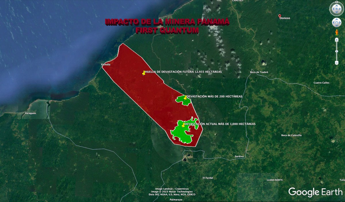 lcigarruistav's tweet photo. Para dar un poco de claridad: 

"Hice el ejercicio de dimensionar las *12,955* hectáreas del polígono de afectación futura si avanza el proyecto de Minera Panamá ( First Quantum).  En este momento han afectado unas 1,200 hectáreas.  Veamos la comparativa frente a lugares con dimensiones similares.

*Parque Nacional Volcán Barú:* El Parque Nacional Volcán Barú en la provincia de Chiriquí tiene una superficie de alrededor de 14,325 hectáreas, ligeramente mayor que la que mencionaste.

*Islas del Archipiélago de las Perlas:* El archipiélago, que incluye islas como Isla del Rey y Isla San José, tiene una extensión de más de 14,000 hectáreas.

*Distrito de Chitré:* El distrito de Chitré en la provincia de Herrera abarca aproximadamente 11,800 hectáreas.

*Parque Nacional Cerro Hoya:* Este parque nacional en la provincia de Veraguas cubre alrededor de 13,600 hectáreas.

*Distrito de Santiago:* Santiago, en la provincia de Veraguas, tiene una superficie de alrededor de 12,800 hectáreas.

*Parque Nacional Camino de Cruces:* Este parque en la provincia de Panamá Oeste abarca aproximadamente 11,700 hectáreas.

*Distrito de Los Santos:* El distrito de Los Santos, en la provincia homónima, tiene una extensión de alrededor de 13,500 hectáreas.

*Parque Nacional Darién:* Una parte del Parque Nacional Darién, en la provincia de Darién, se extiende por más de 13,000 hectáreas.

*Distrito de David:* David, la capital de la provincia de Chiriquí, tiene una superficie de alrededor de 11,600 hectáreas.

*Reserva Forestal de Fortuna:* Esta reserva en la provincia de Coclé abarca más de 13,000 hectáreas de terreno."