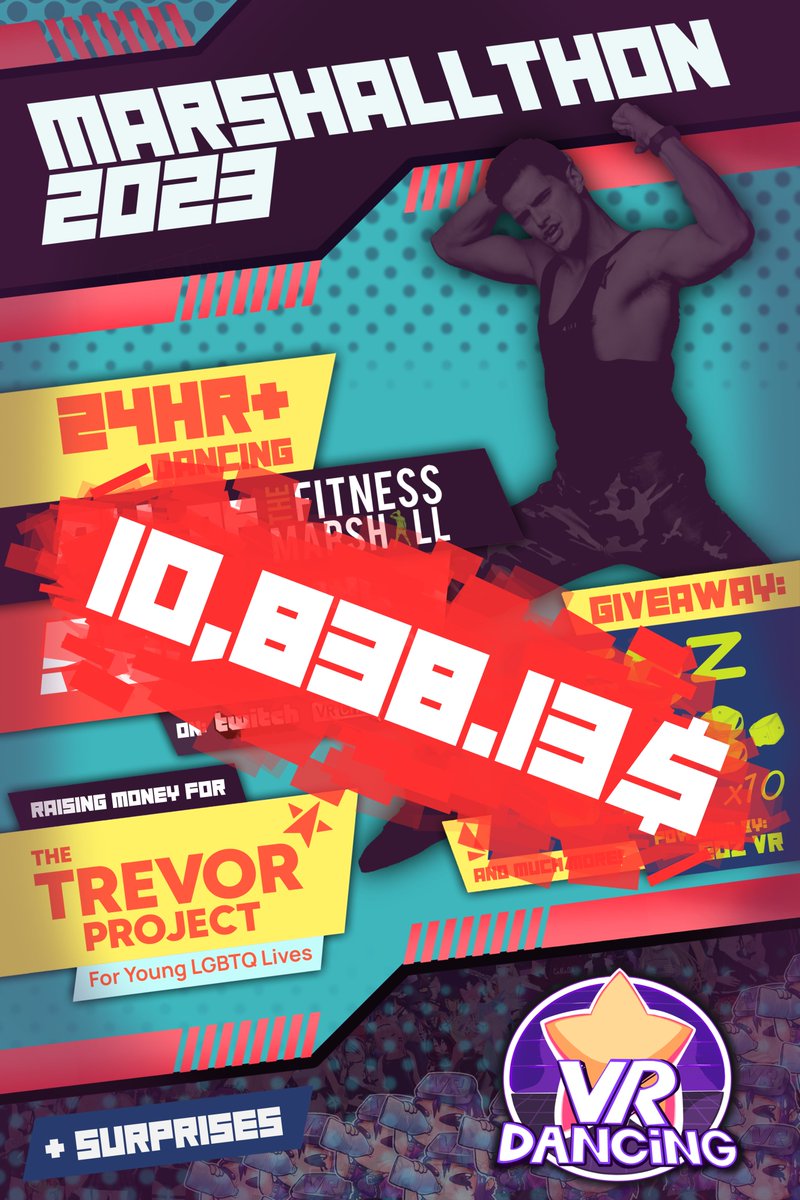 After 27 hours of non-stop dancing, #Marshallthon 2023 has concluded!

We managed to collect $10,838.13 for the <a href="/TrevorProject/">The Trevor Project</a> by dancing in <a href="/VRChat/">VRChat</a> to all videos by <a href="/TheFitMarshall/">Caleb Marshall</a>!!

Thank you for an unforgettable weekend!❤️
See you next year!😄

#VRDancing #VRChat #VR #Dancing