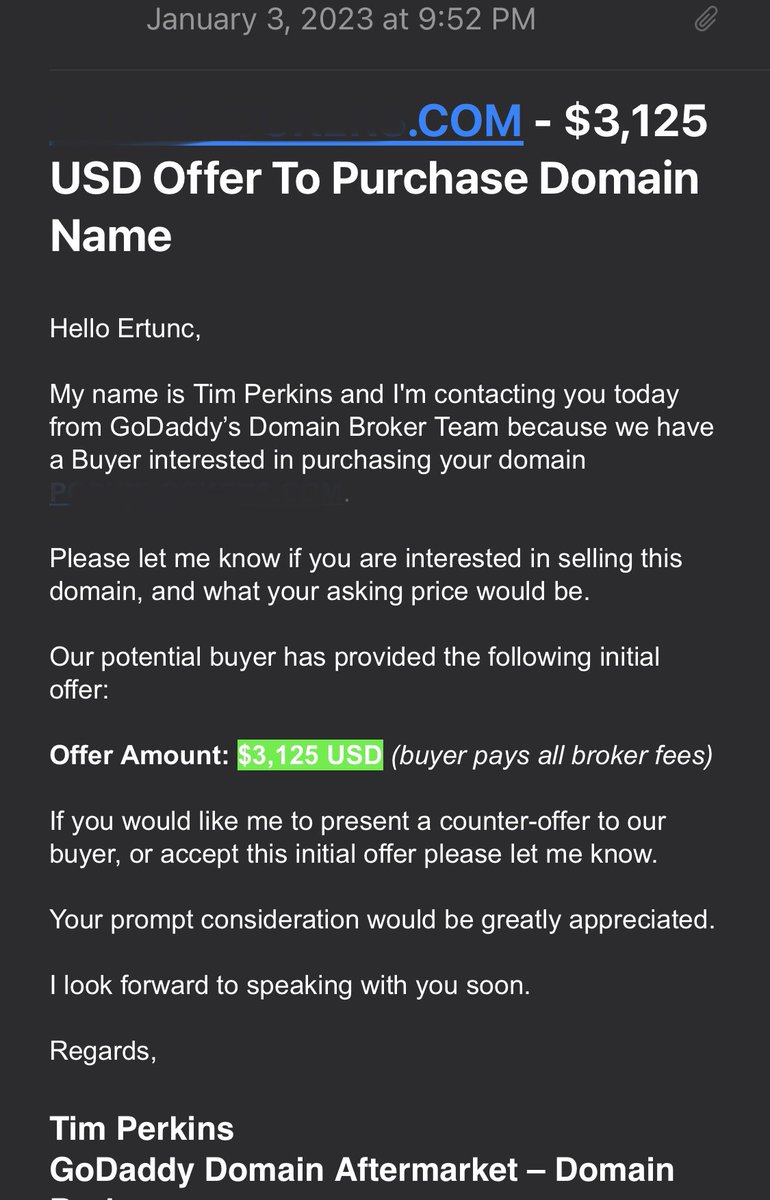 UnusualConsult's tweet photo. 🤯 What a rollercoaster with @GoDaddy's broker services for my 2-year-old domain! 🎢 From an initial offer in January, a $17,500 bid in February, to finally sealing the deal 6 months later at my desired price! 💰 Patience and persistence pay off! 🙌 Check out the journey in these screenshots👇 #DomainDeal #GoDaddyBroker #Persistence #DomainNameForSale #domainsold 

[Attach email screenshots]
