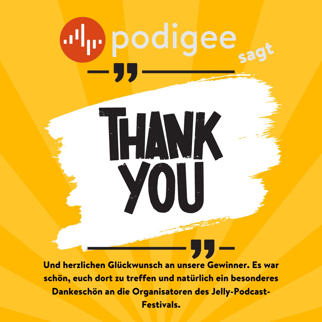 Und herzlichen Glückwunsch an unsere Gewinner. Es war schön, euch dort zu treffen und natürlich ein besonderes Dankeschön an die Organisatoren des Jelly-Podcast-Festivals.

#podigee, #Podcasthosting #podcastfestival, #podcasting, #podcast, #podcastgermany #odcastanalytics