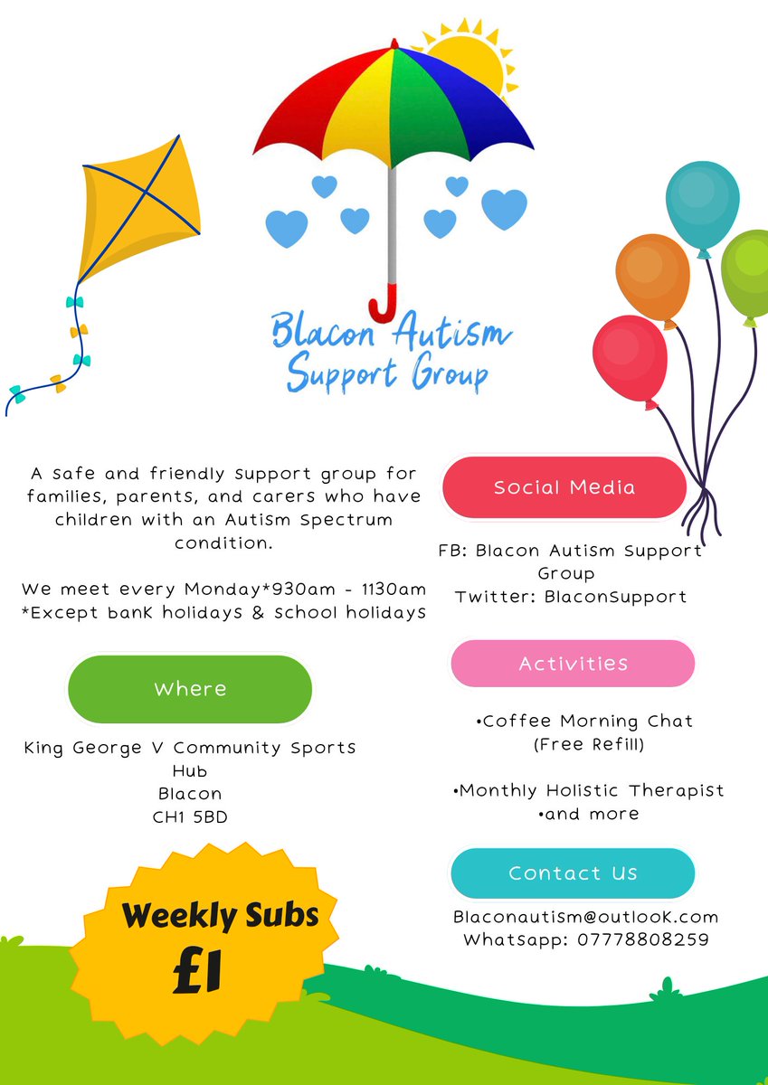 Blacon Autism Support Group would like to welcome parents and carers back from September 11th at 930am. 

If you are a parent/carer with a child on the autism spectrum, diagnosed or undiagnosed (Adhd included) 

Please contact for more information. Contact details on leaflet.