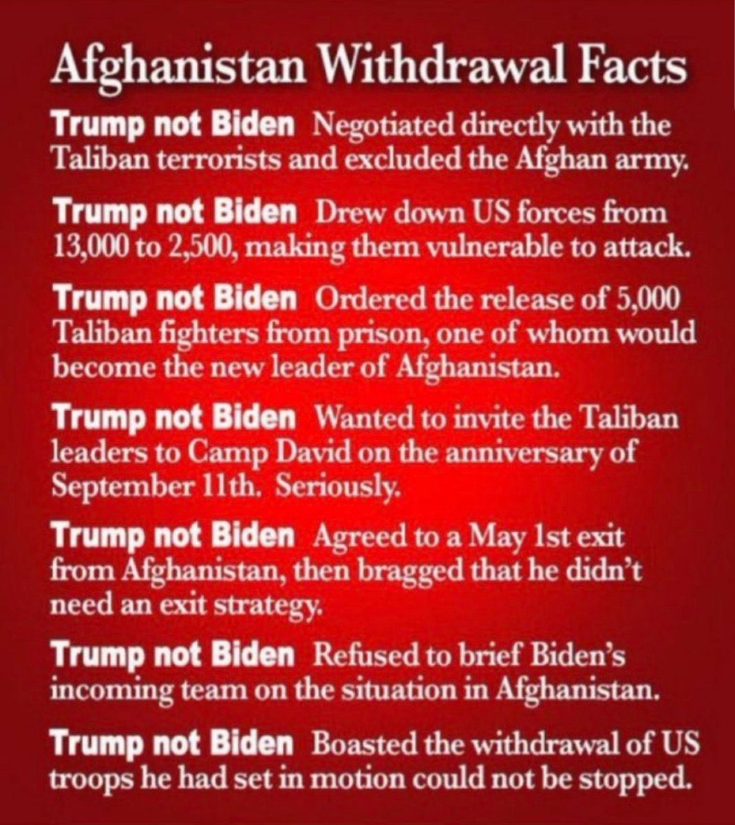 The Trump administration in 2020 negotiated a withdrawal agreement with the Taliban that excluded the Afghan government, freed 5,000 imprisoned Taliban soldiers and set a date certain of May 2021 for the final withdrawal.  All Trump NOT Biden!
#wtpBLUE #DemVoice1 #ProudBlue