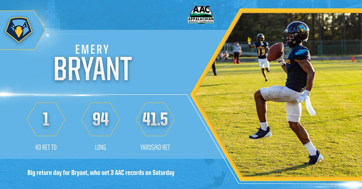 🏈RECORD DAY🏈

Emery Bryant set/tied 3⃣ #AACFB records this weekend in Point's game at Valdosta State (Ga.)

He recorded the 2nd kickoff return for a TD in AAC history after he had 1 last year. He also posted the longest KO return &amp; best KO return avg. in a game

#ProudToBeAAC