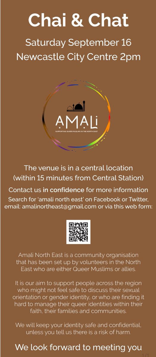 less then 2 weeks for our first ever Amali event in Newcastle which is for Queer Muslims and Allies :-) 

come along 
our location which is in the city centre 

if you like to know location or any information about the event 
please contact us through Facebook, 
twitter or email